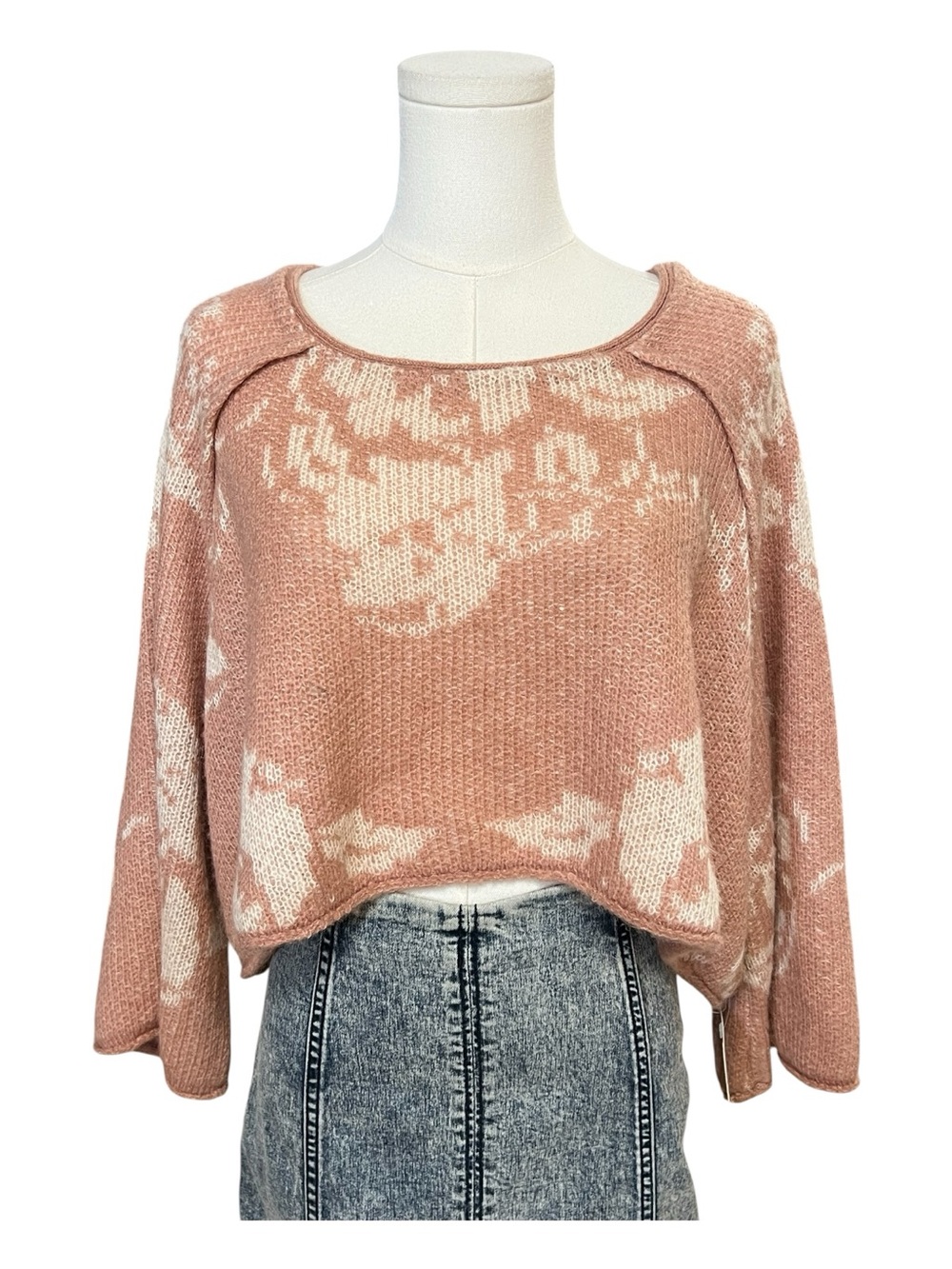 🆕 NWT Free People Blush Comb Cropped Floral Knot Pullover Sweater | Size XS